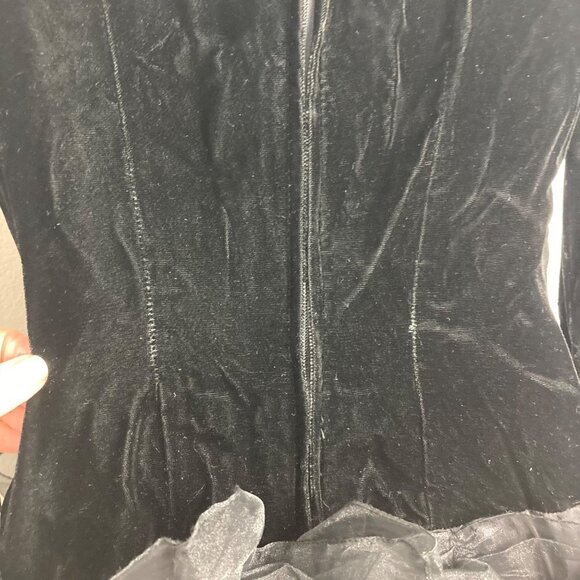 Vintage 80s Tadashi Black Velvet Dress 4 Organza Ruffle Bottom Long Sleeve - Picture 8 of 11